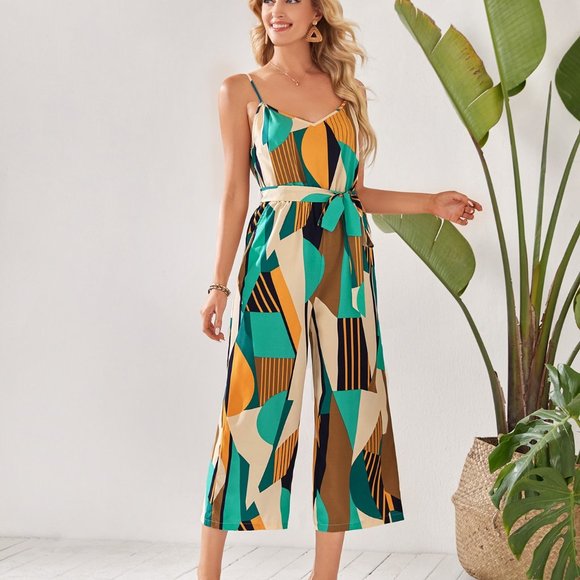 New Patchwork Print Belted Slip Jumpsuit